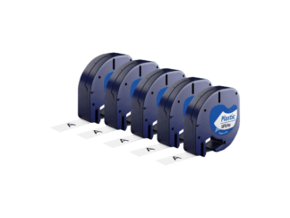 Rabat sæt! 5 stk. Dymo 91201 / 91221 sort på hvid plastiktape 12 mm x 4 m - Kompatibel - S0721660