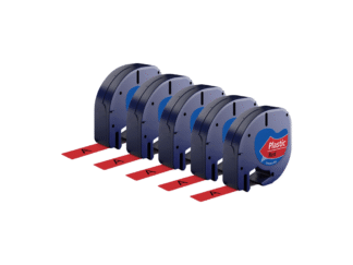 Rabat sæt! 5 stk. Dymo 91203 / 91223 sort på rød plastiktape 12 mm x 4 m - Kompatibel - S0721630