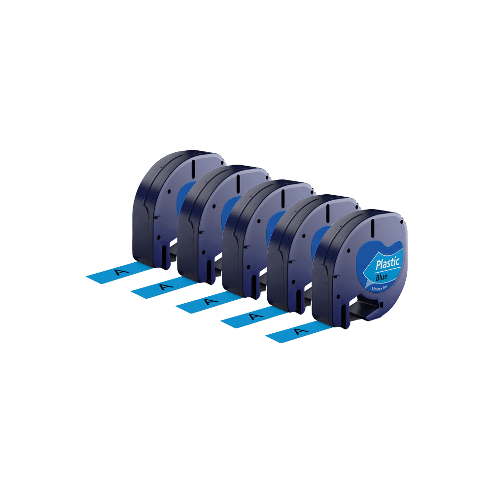 Rabat sæt! 5 stk. Dymo 91205 / 91225 sort på blå plastiktape 12 mm x 4 m - Kompatibel - S0721650