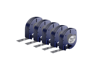 Rabat sæt! 5 stk. Dymo 91208 / 91228 sort på sølvmetallic plastiktape 12 mm x 4 m - Kompatibel - S0721730