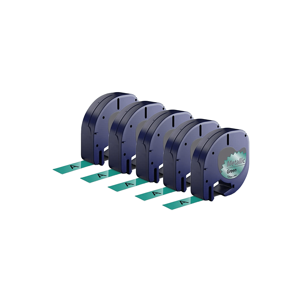 Rabat sæt! 5 stk. Dymo 91209 / 91229 sort på grønmetallic plastiktape 12 mm x 4 m - Kompatibel - S0721740