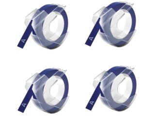 Rabatpakke! Dymo 3D tape. 4 stk hvid på blå plastiktape – 9 mm x 3 m – Kompatibel – S0898140