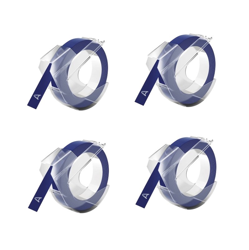 Rabatpakke! Dymo 3D tape. 4 stk hvid på blå plastiktape – 9 mm x 3 m – Kompatibel – S0898140