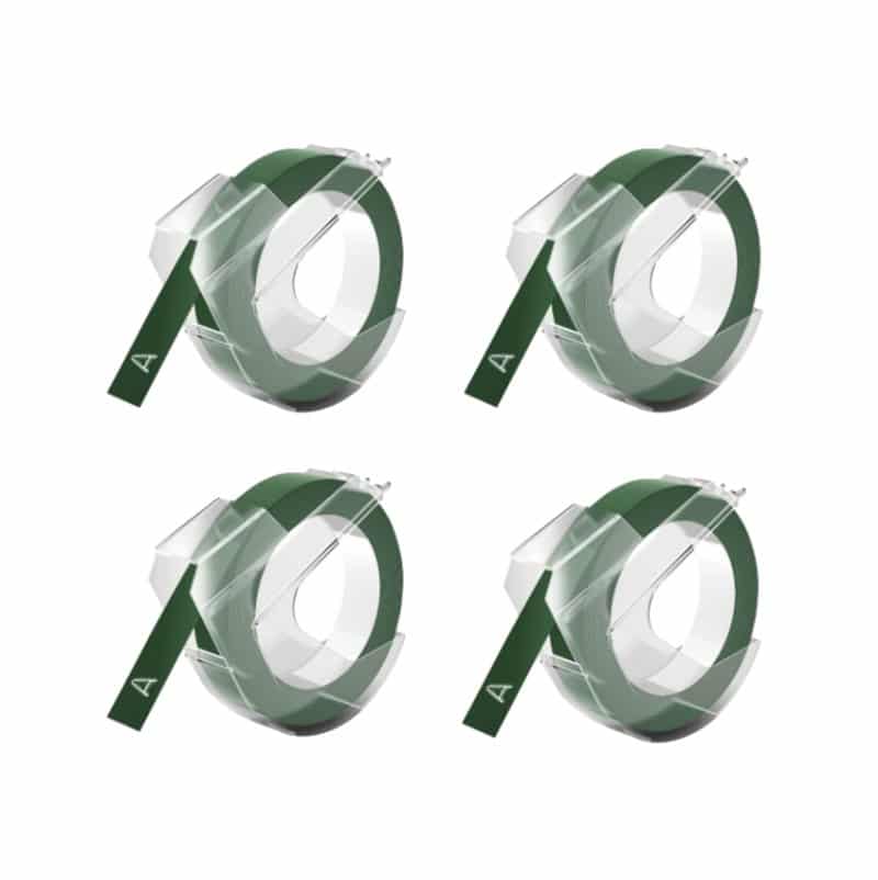 Rabatpakke! Dymo 3D tape. 4 stk hvid på grøn plastiktape – 9 mm x 3 m – Kompatibel – S0898160