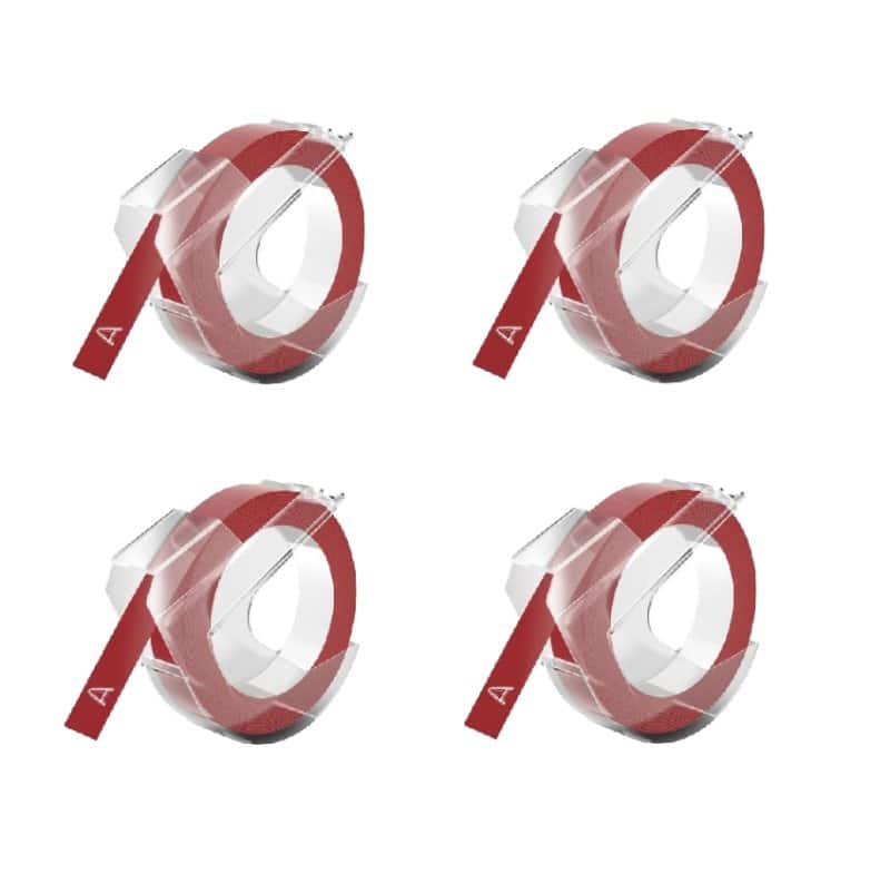 Rabatpakke! Dymo 3D tape. 4 stk hvid på rød plastiktape – 9 mm x 3 m – Kompatibel – S0898150