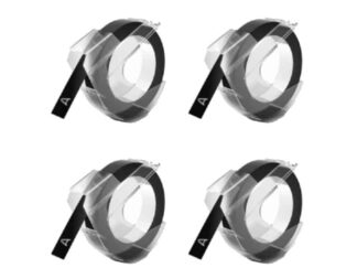 Rabatpakke! Dymo 3D tape. 4 stk hvid på sort plastiktape – 9 mm x 3 m – Kompatibel – S0898130