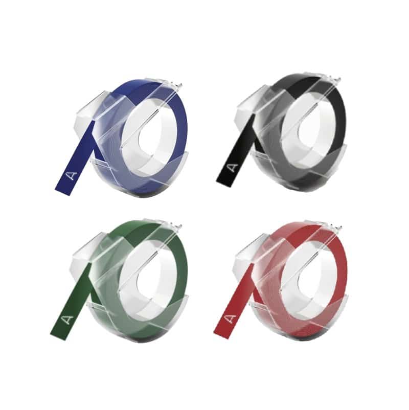 Rabatpakke! Dymo 3D tape plastiktape - 4 stk hvid på farver (sort, rød, grøn, blå) – 9 mm x 3 m – Kompatibel – S0898130